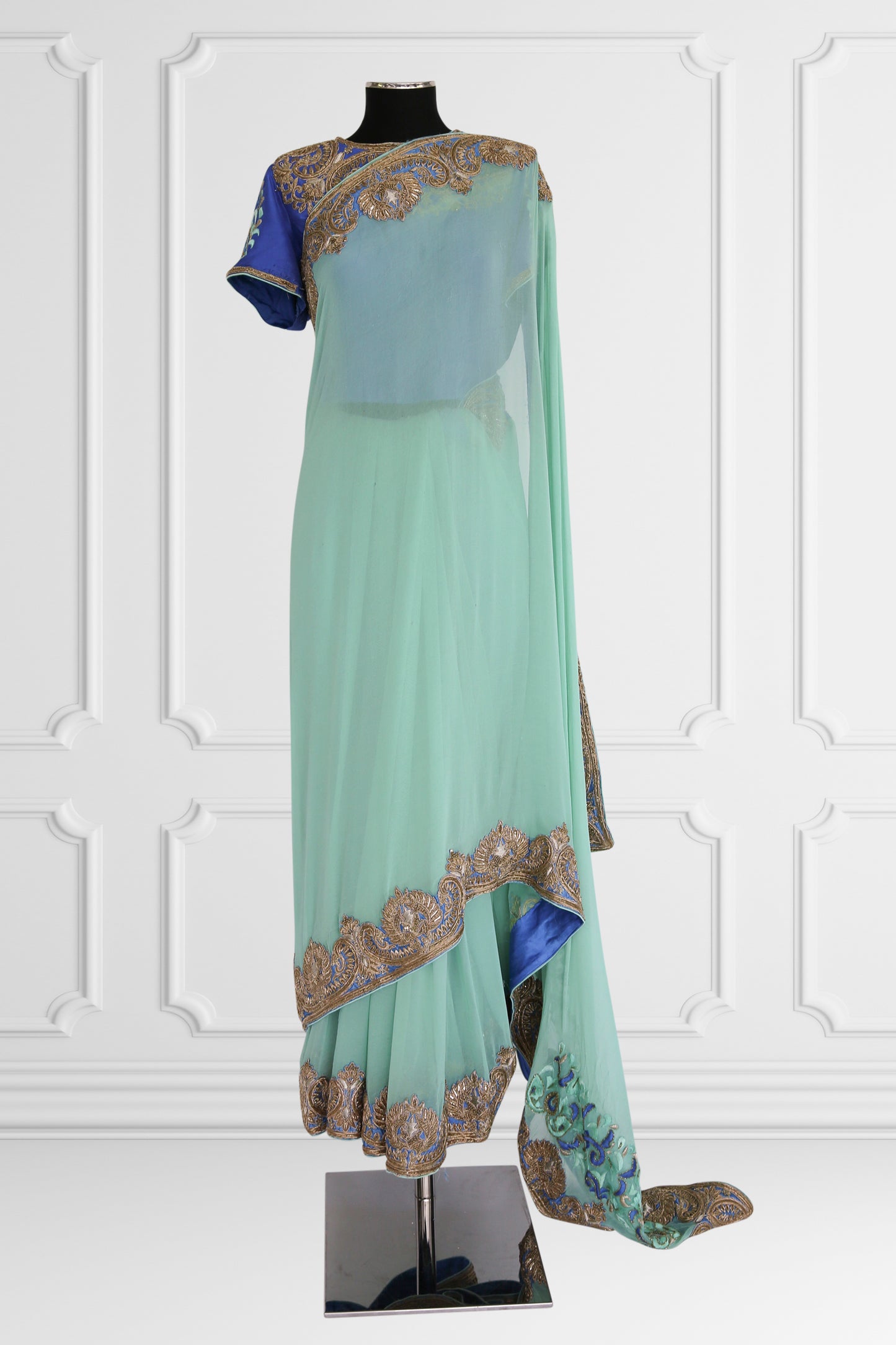 Bicolor Turquoise and Royal Blue with Gold Embroidery Saree Set