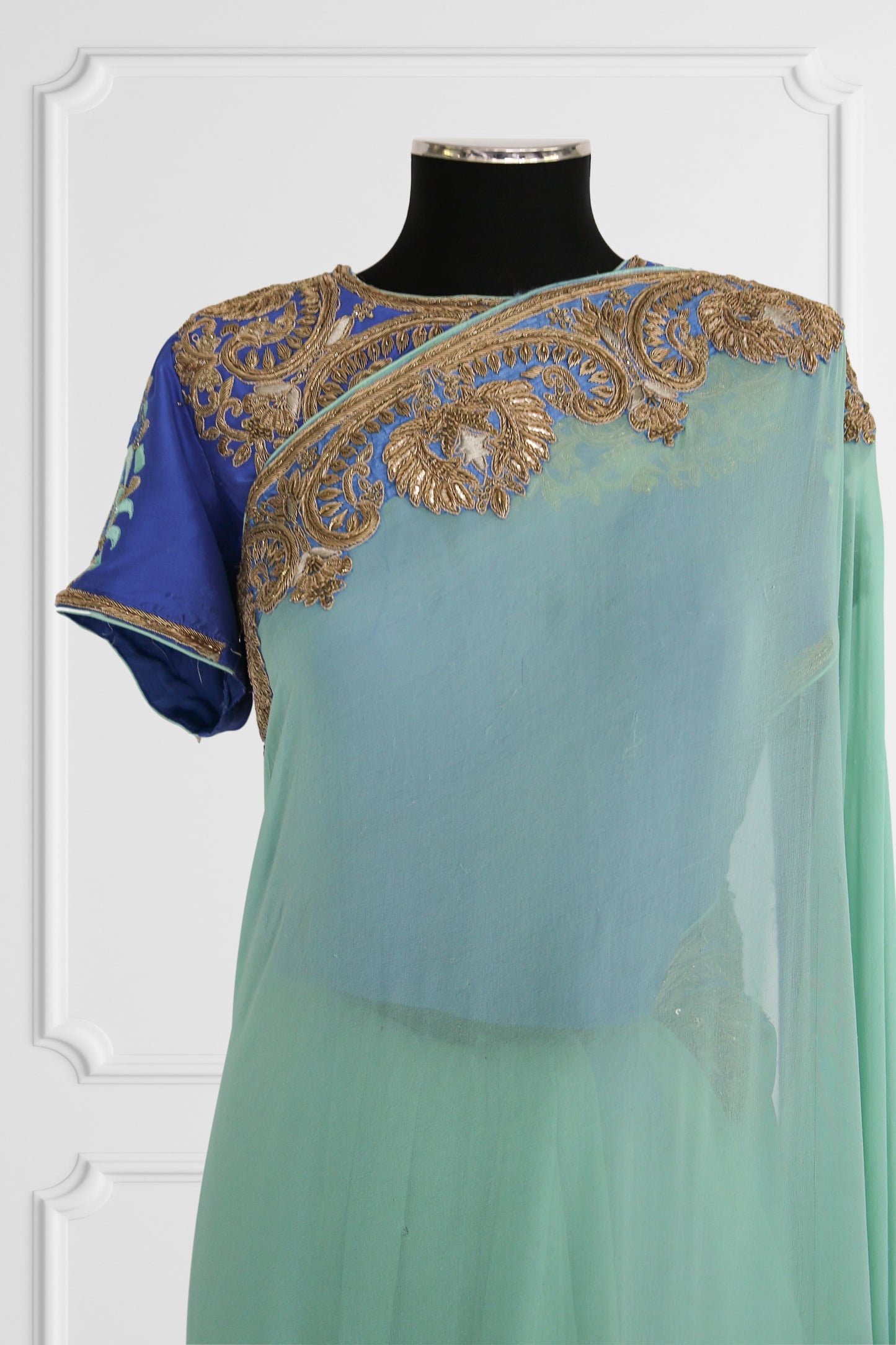 Bicolor Turquoise and Royal Blue with Gold Embroidery Saree Set
