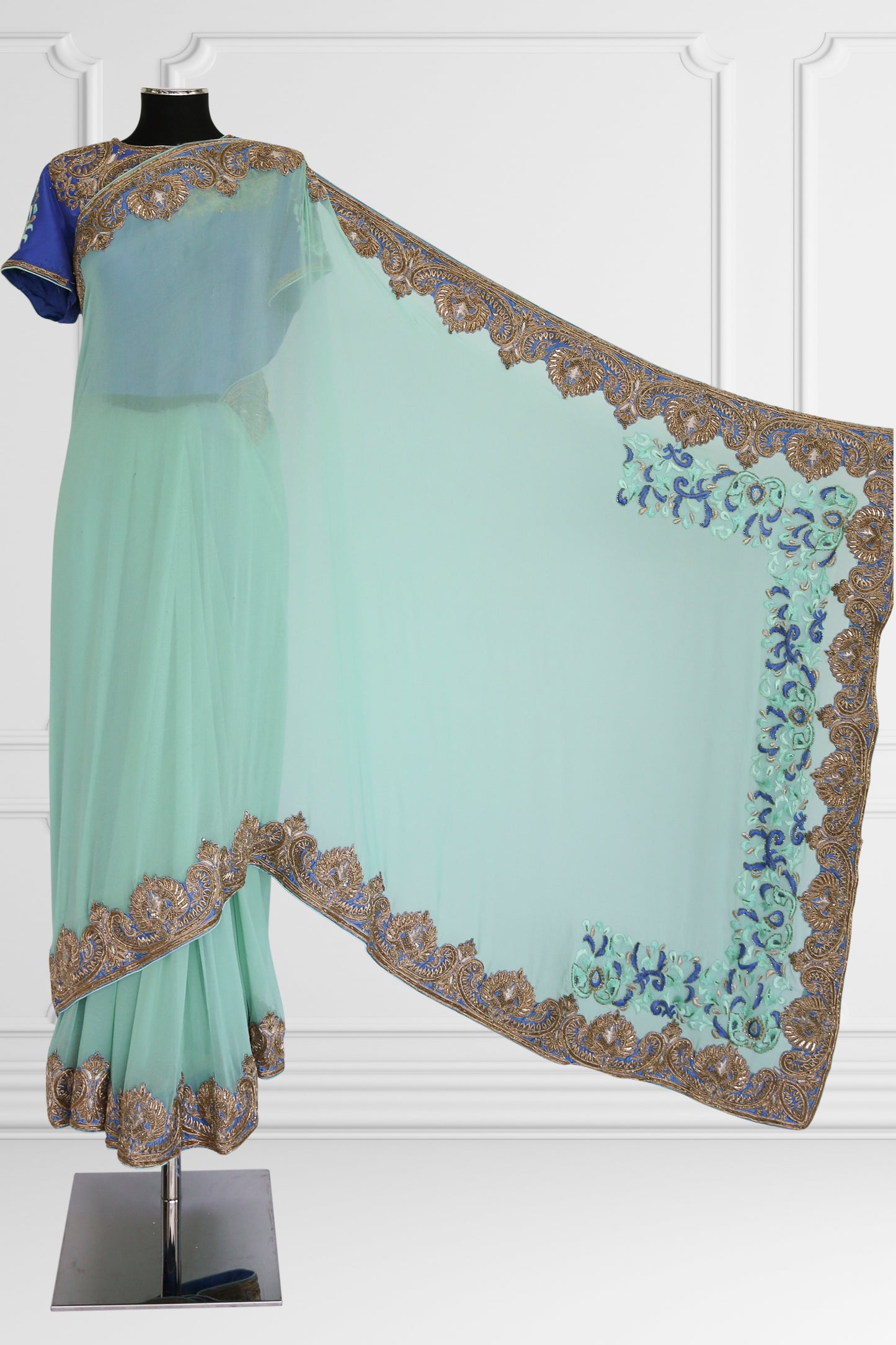 Bicolor Turquoise and Royal Blue with Gold Embroidery Saree Set