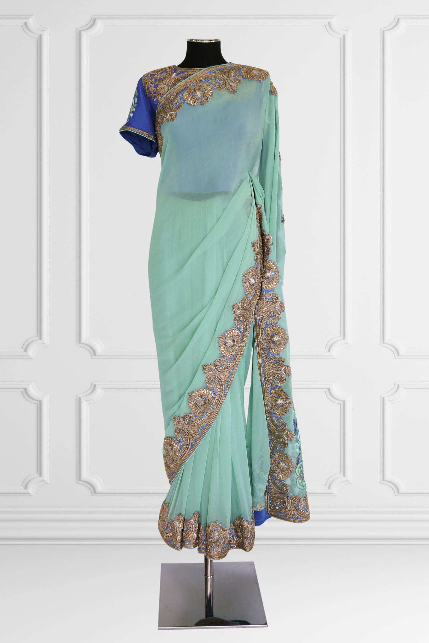 Bicolor Turquoise and Royal Blue with Gold Embroidery Saree Set