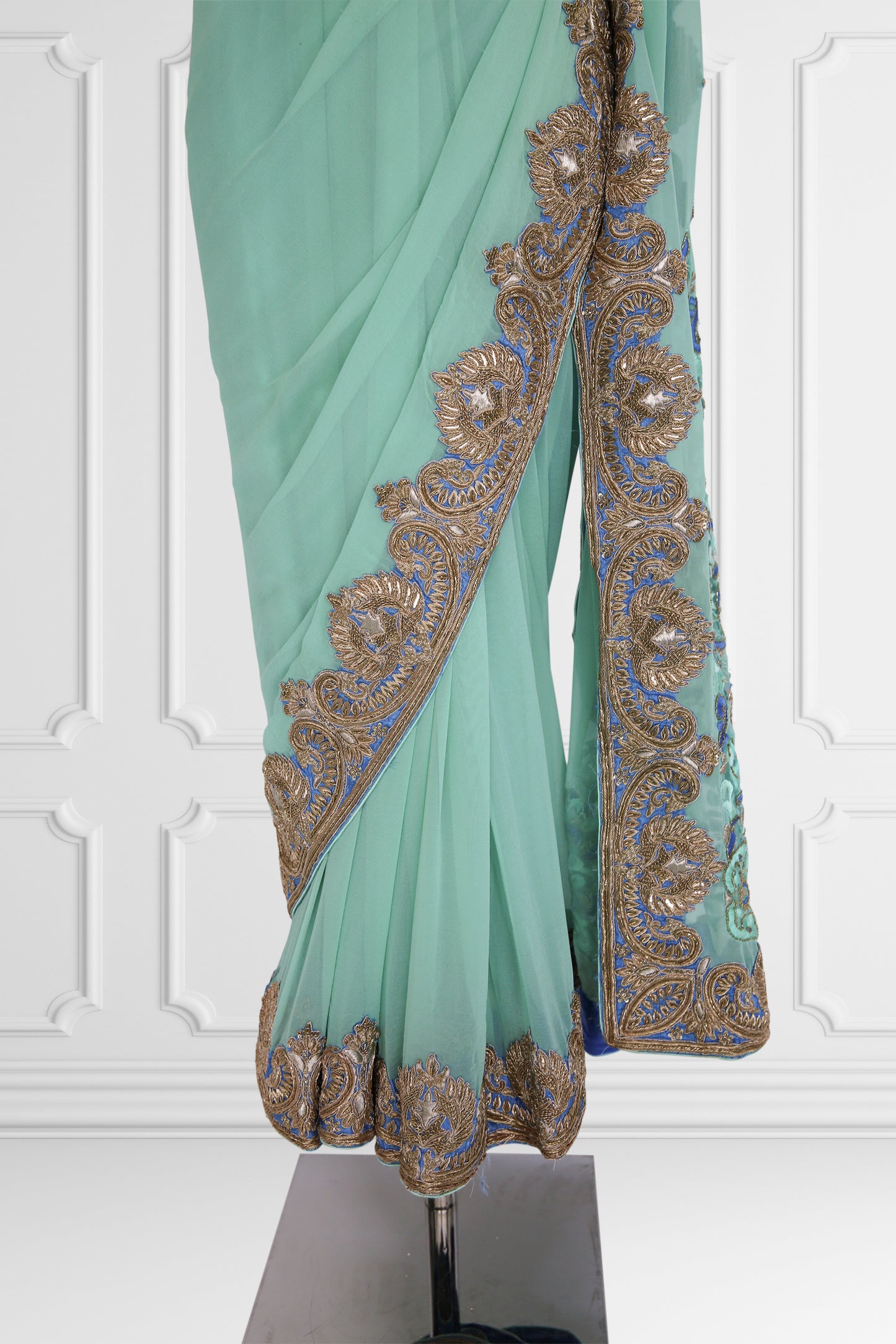 Bicolor Turquoise and Royal Blue with Gold Embroidery Saree Set