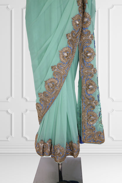 Bicolor Turquoise and Royal Blue with Gold Embroidery Saree Set