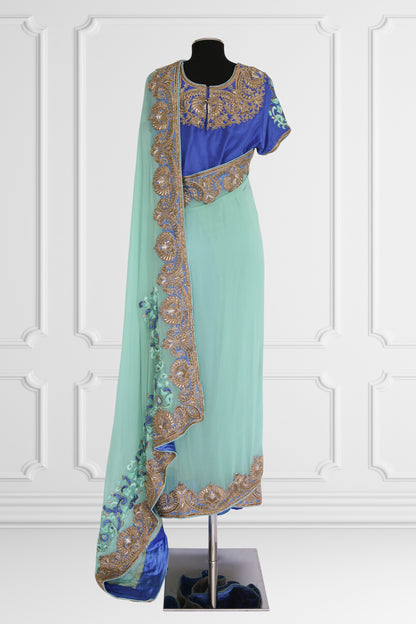 Bicolor Turquoise and Royal Blue with Gold Embroidery Saree Set