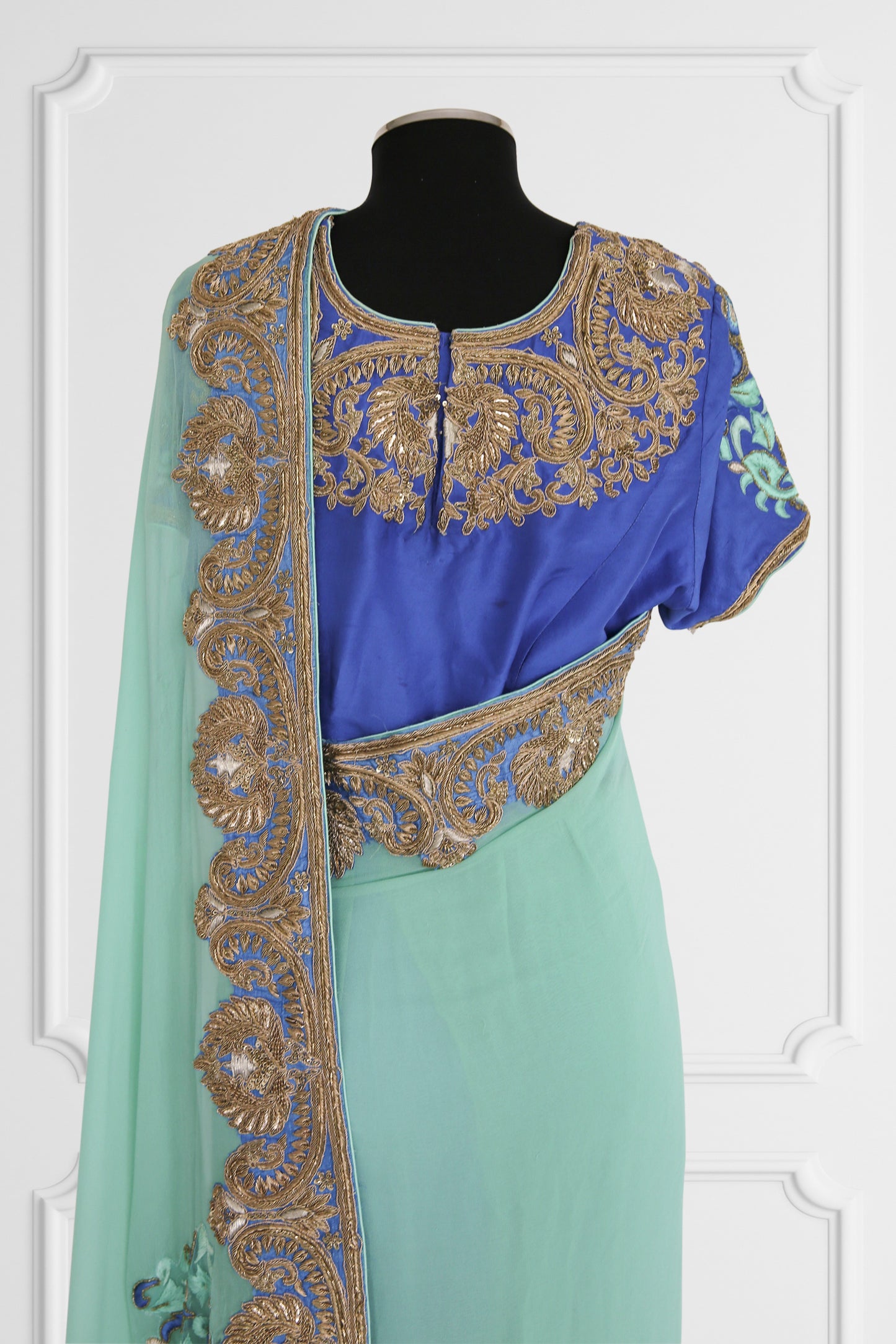 Bicolor Turquoise and Royal Blue with Gold Embroidery Saree Set