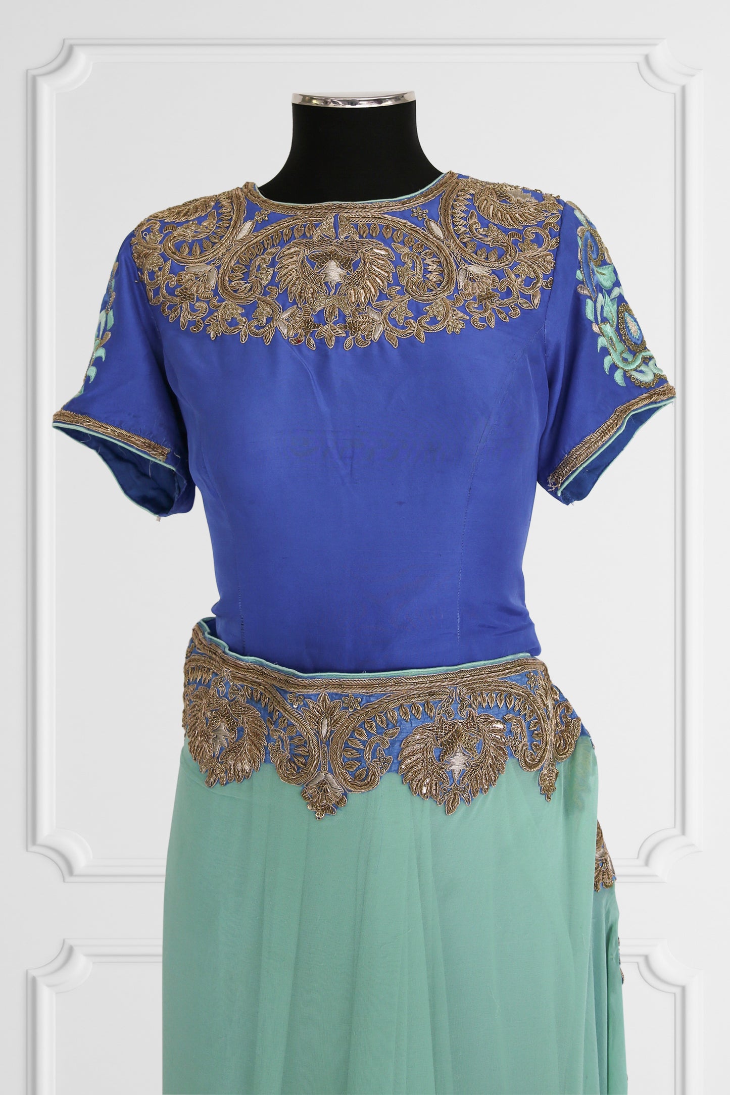 Bicolor Turquoise and Royal Blue with Gold Embroidery Saree Set