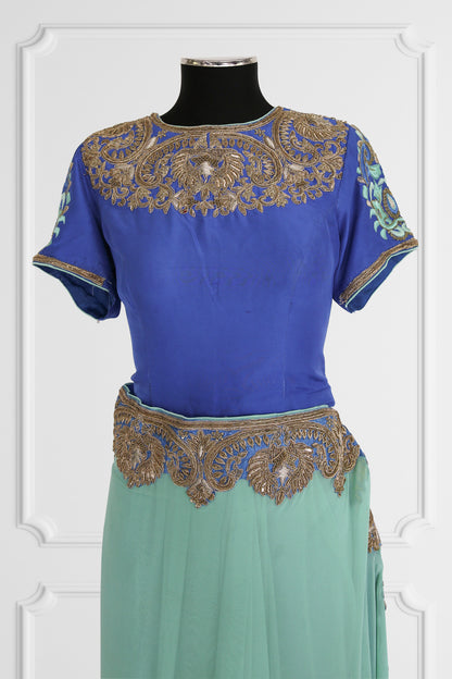 Bicolor Turquoise and Royal Blue with Gold Embroidery Saree Set