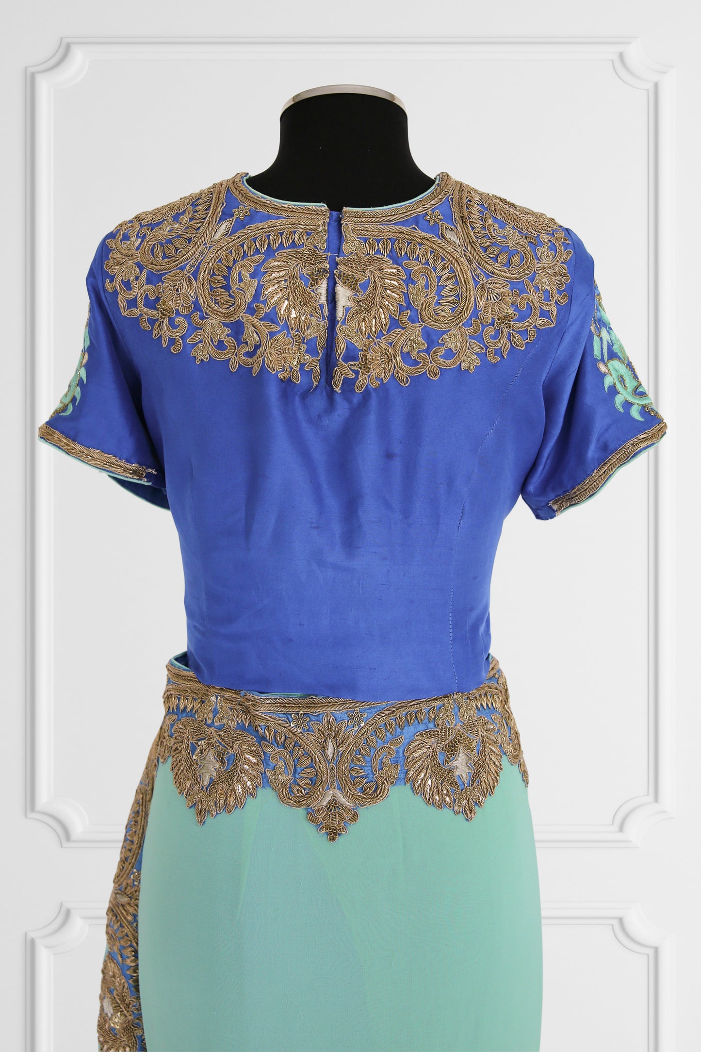 Bicolor Turquoise and Royal Blue with Gold Embroidery Saree Set