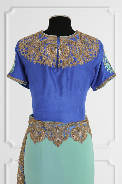 Bicolor Turquoise and Royal Blue with Gold Embroidery Saree Set