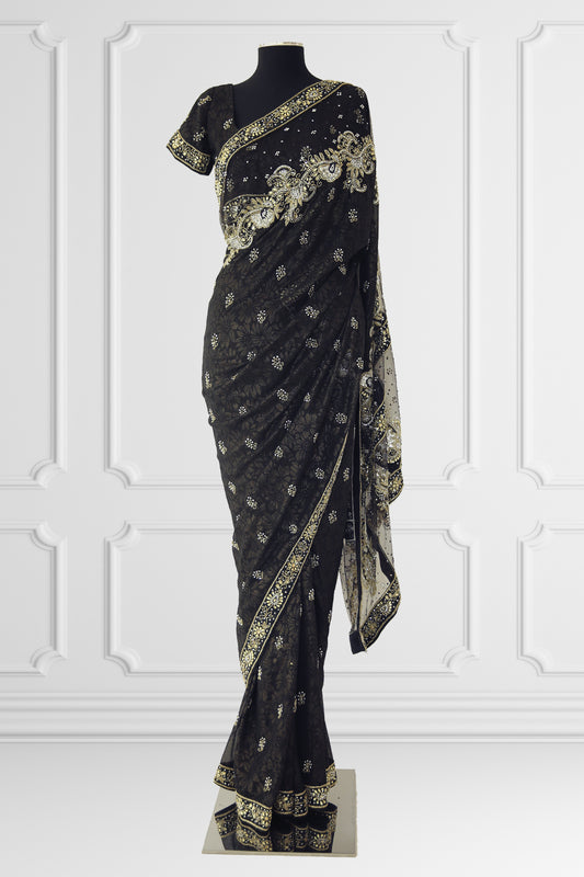 Black Embroidered Golden Printed Saree Set