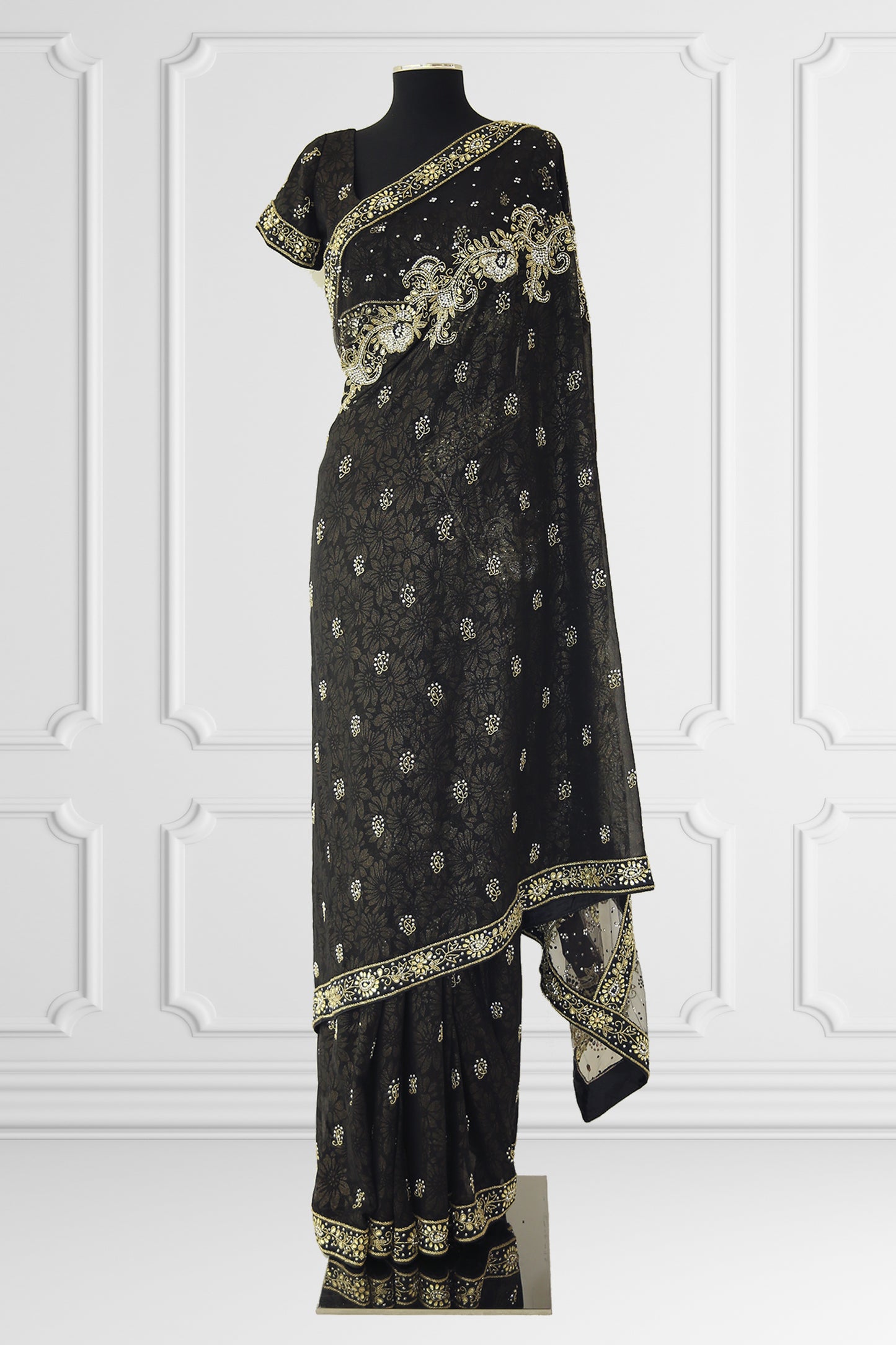 Black Embroidered Golden Printed Saree Set