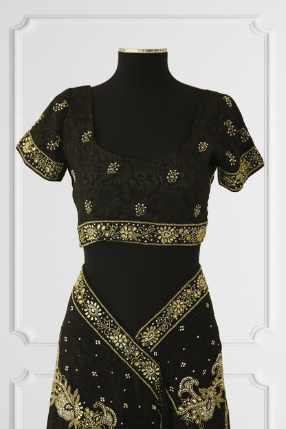 Black Embroidered Golden Printed Saree Set