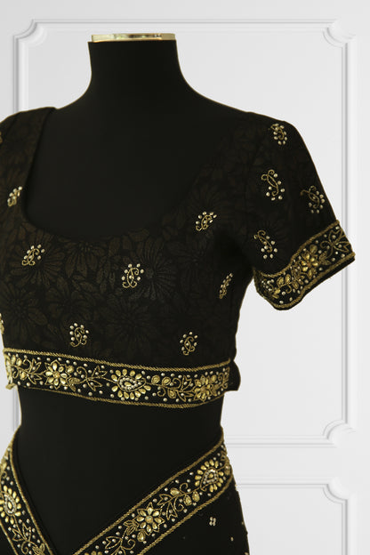 Black Embroidered Golden Printed Saree Set