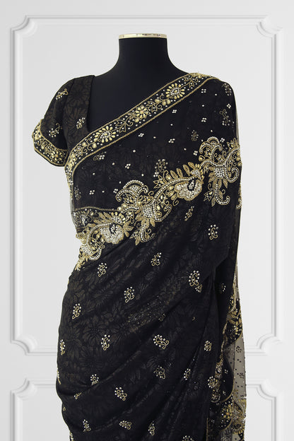 Black Embroidered Golden Printed Saree Set