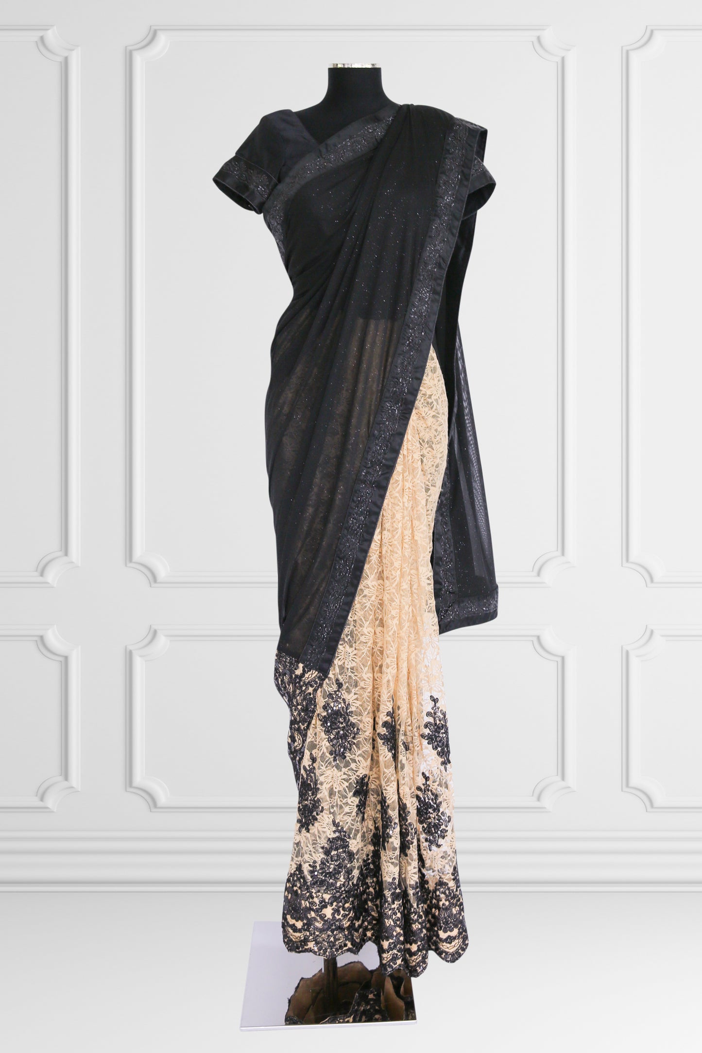 Black with Beige Lace Saree Set