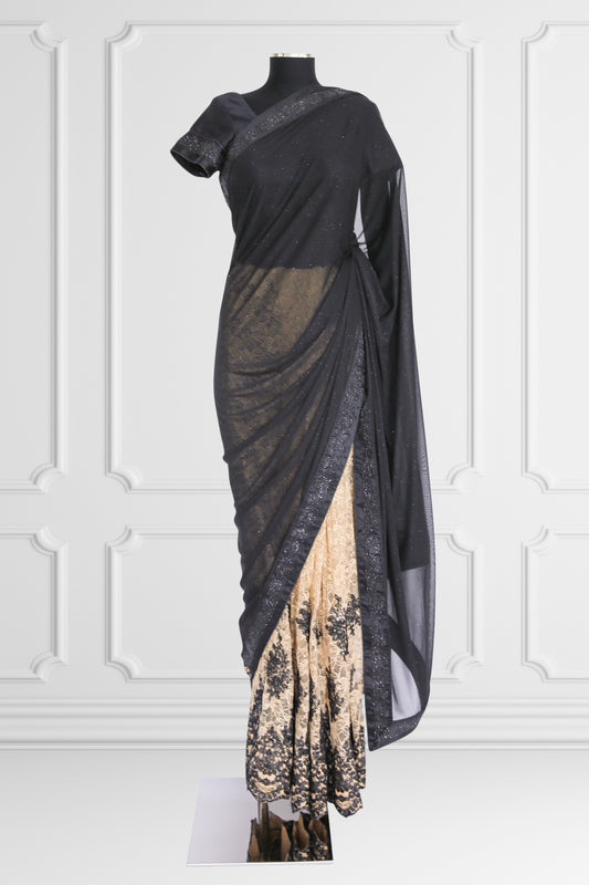 Black with Beige Lace Saree Set