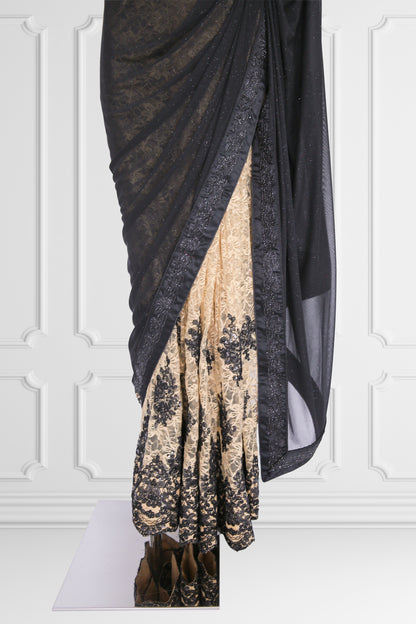 Black with Beige Lace Saree Set