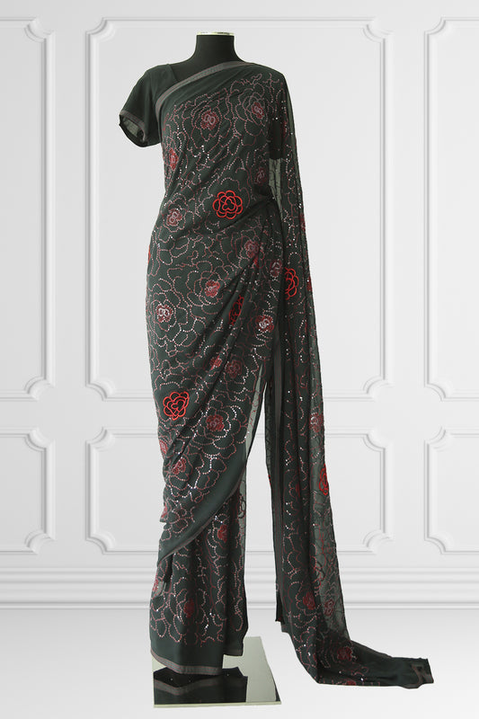 Black with Red Floral details Saree Set