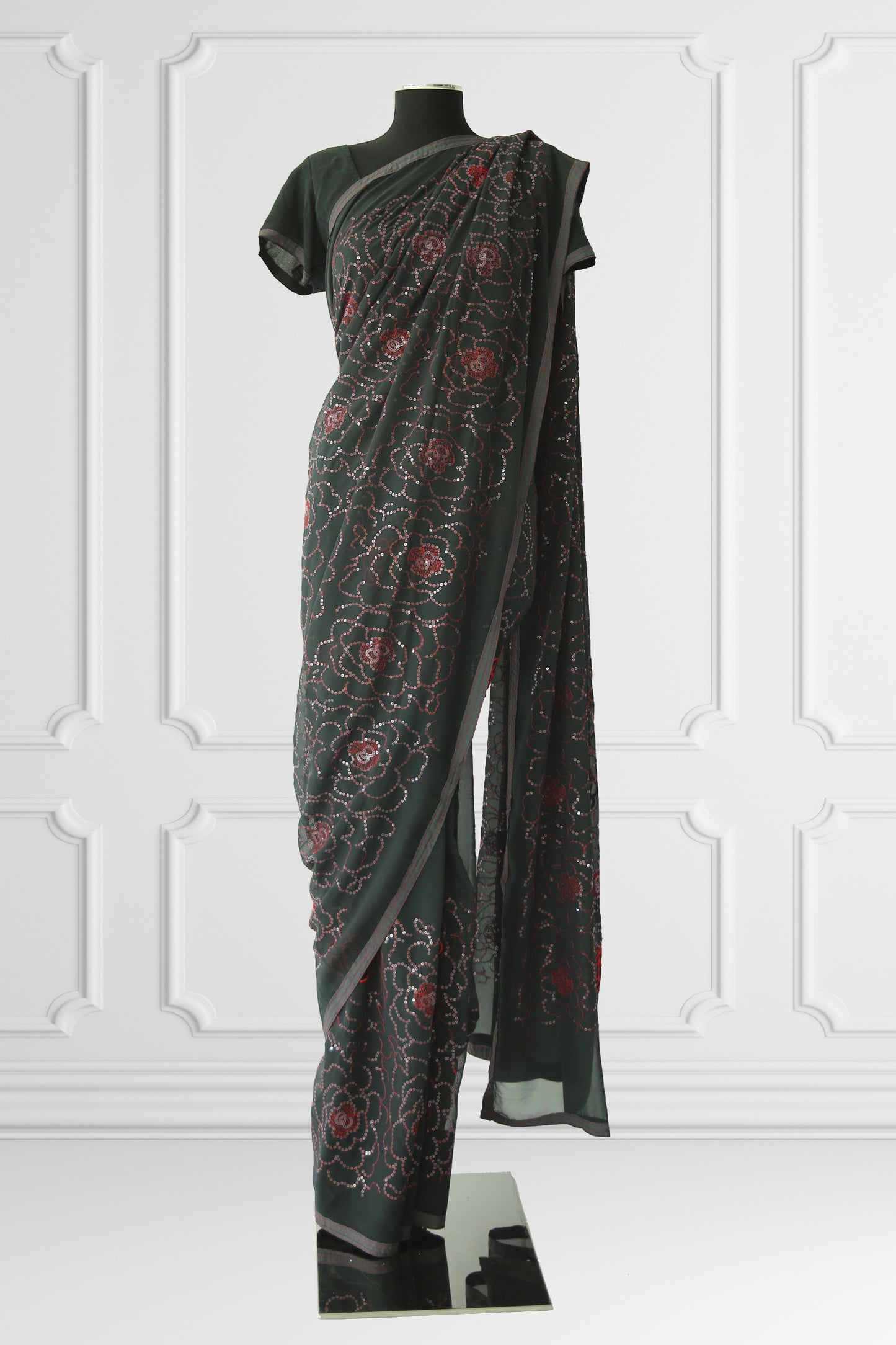 Black with Red Floral details Saree Set