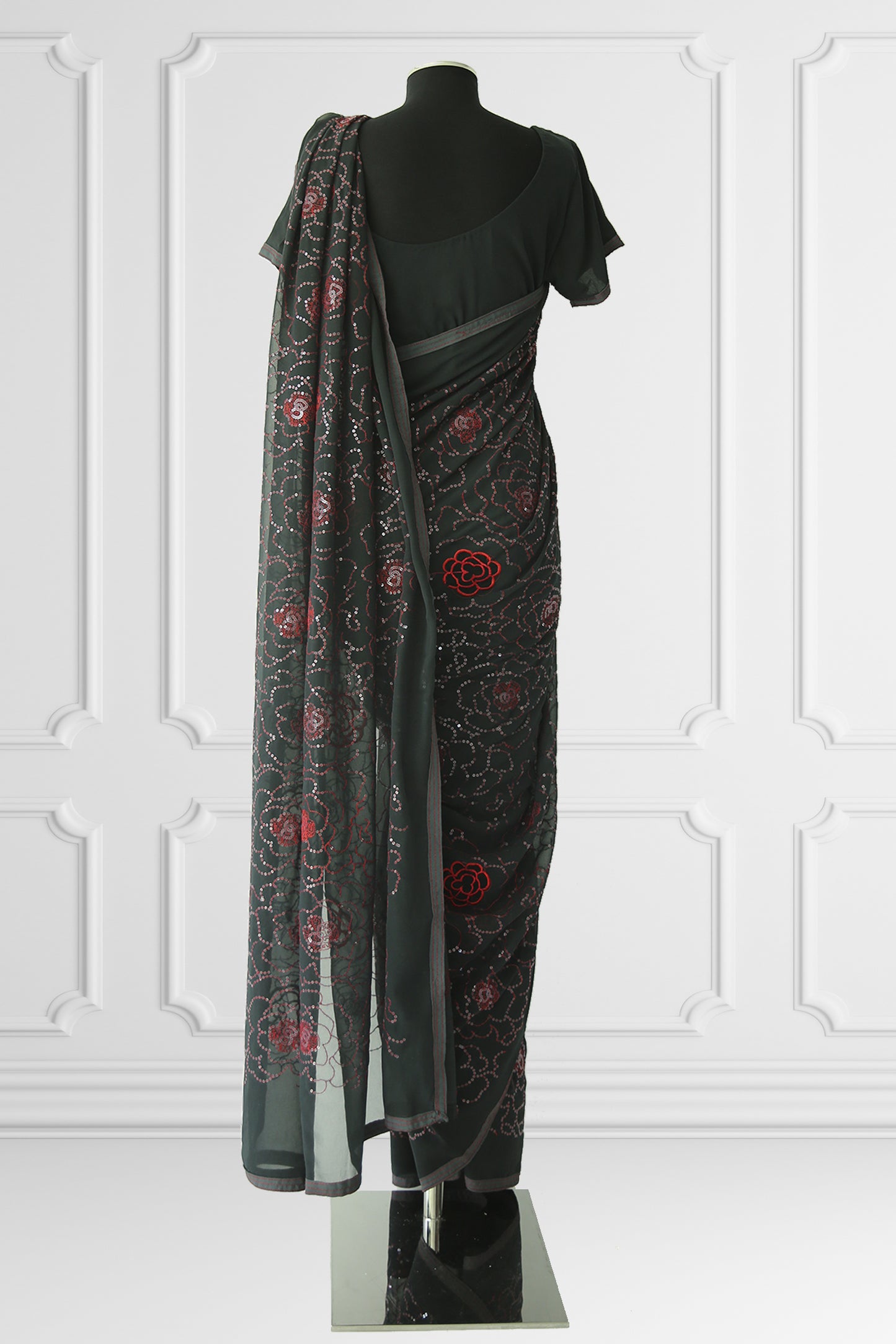 Black with Red Floral details Saree Set