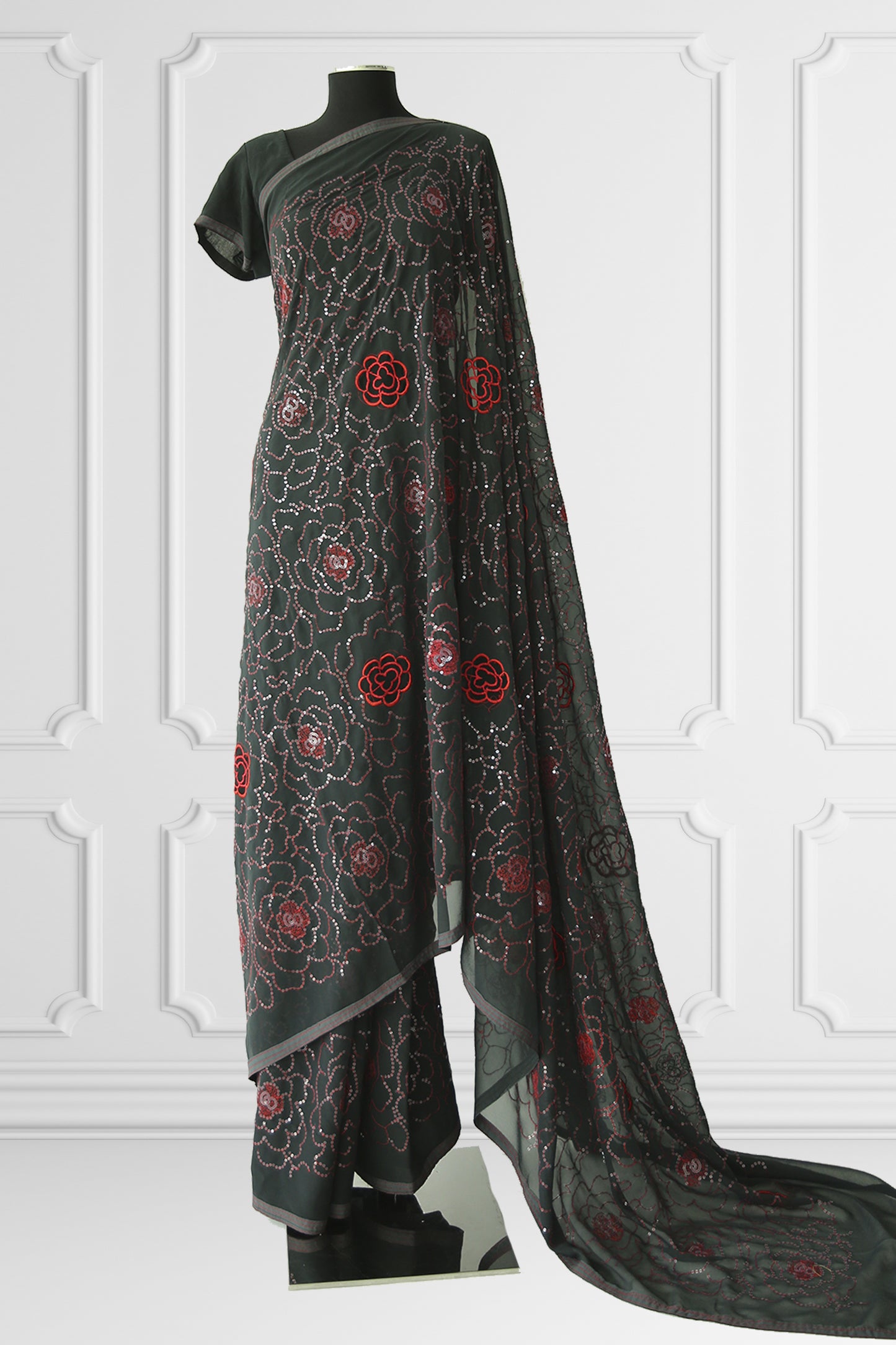 Black with Red Floral details Saree Set