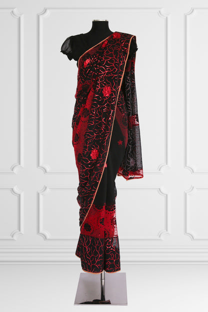 Black with Red Flowers Saree Set