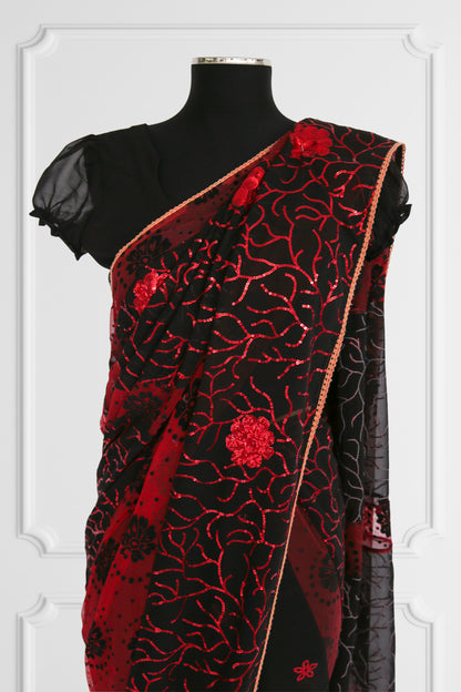 Black with Red Flowers Saree Set