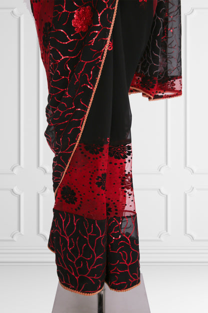 Black with Red Flowers Saree Set