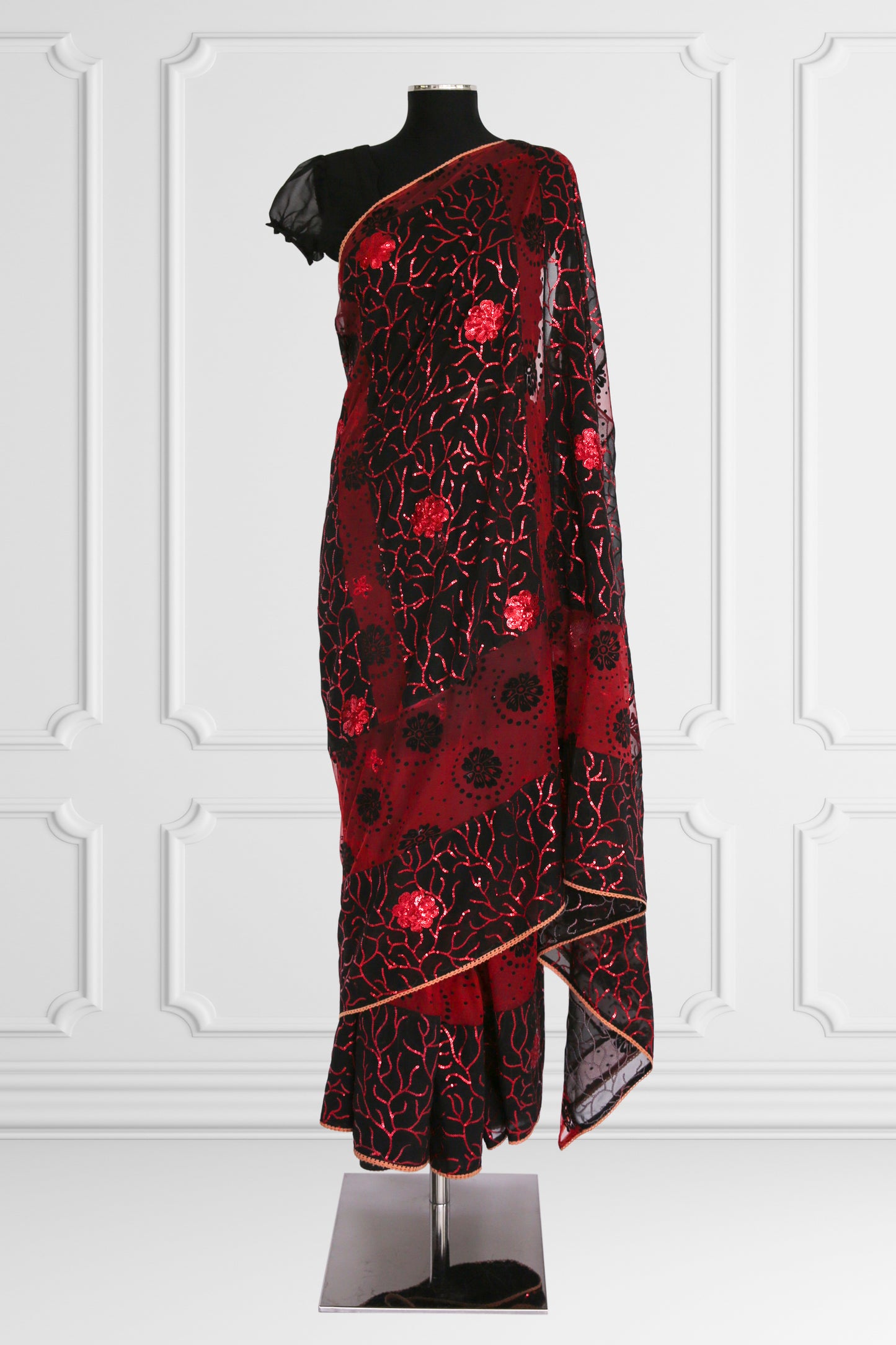 Black with Red Flowers Saree Set