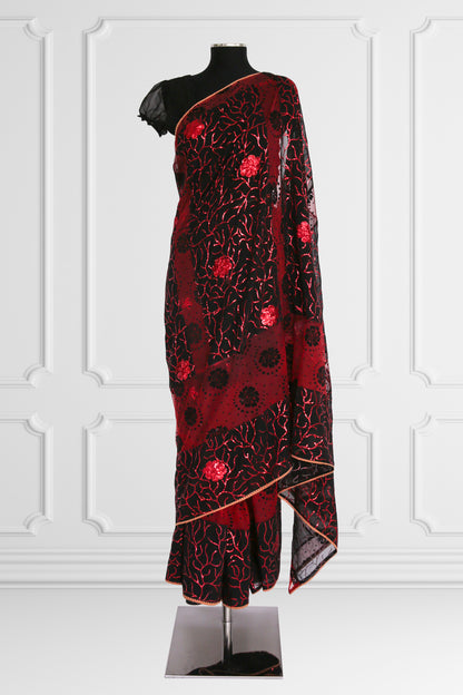 Black with Red Flowers Saree Set