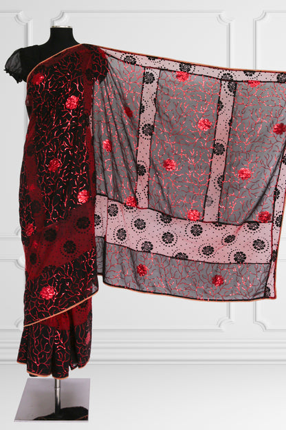 Black with Red Flowers Saree Set