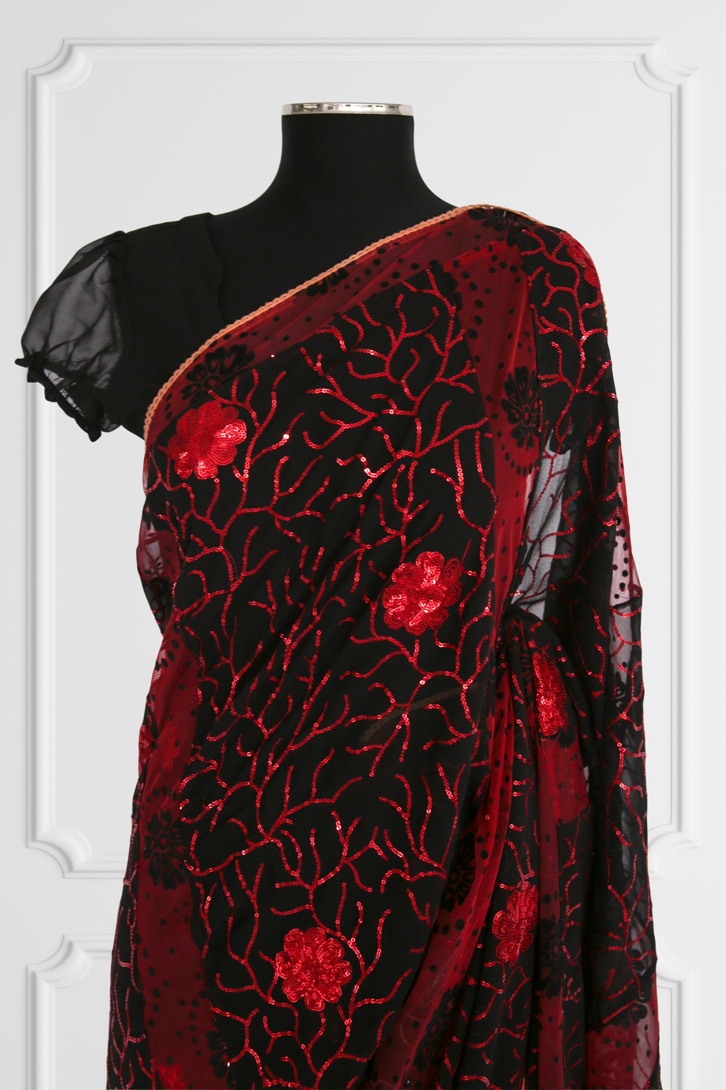 Black with Red Flowers Saree Set