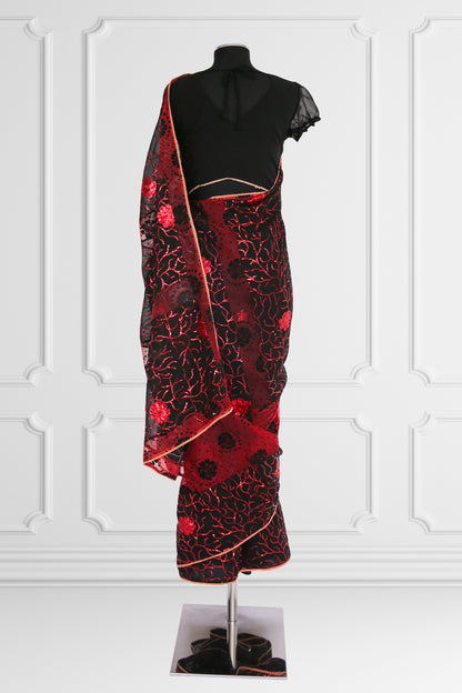 Black with Red Flowers Saree Set