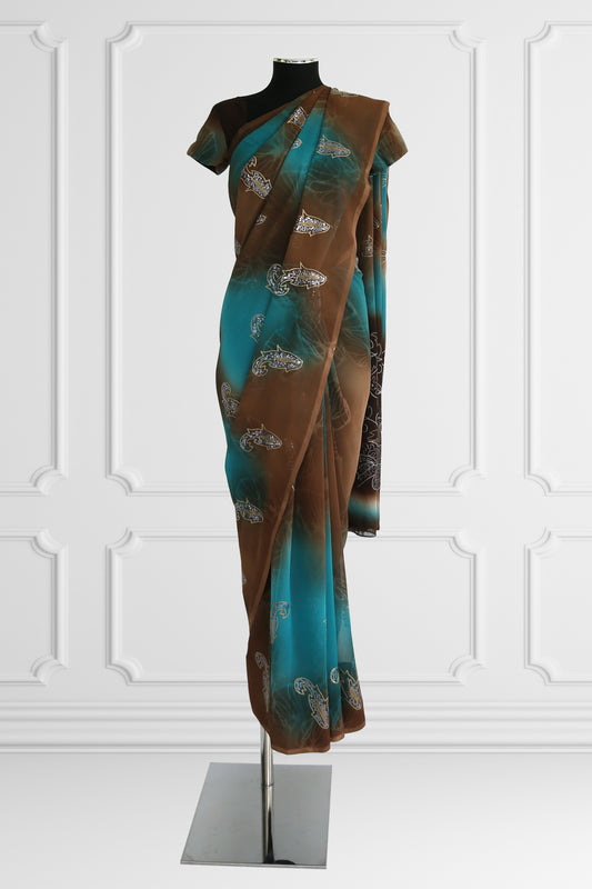 Blue and Brown Saree Set