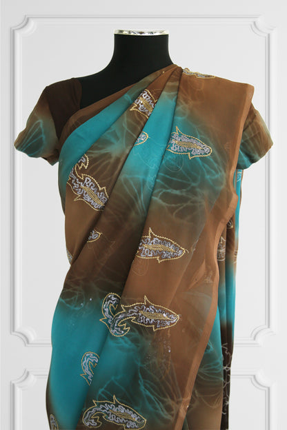 Blue and Brown Saree Set