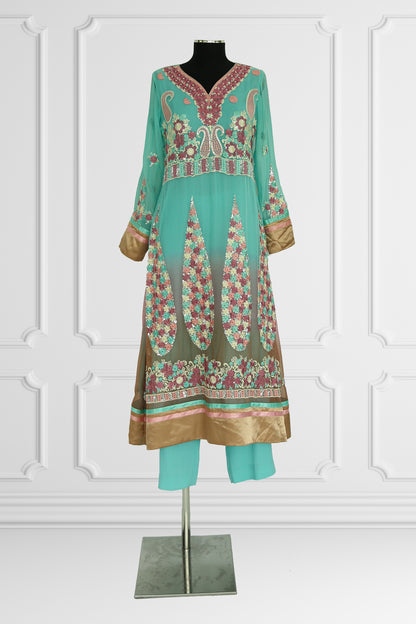 Blue with Pink Floral Embroidery Kurta Set