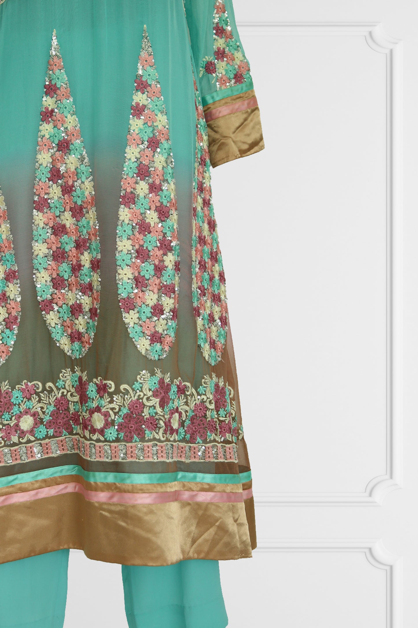 Blue with Pink Floral Embroidery Kurta Set