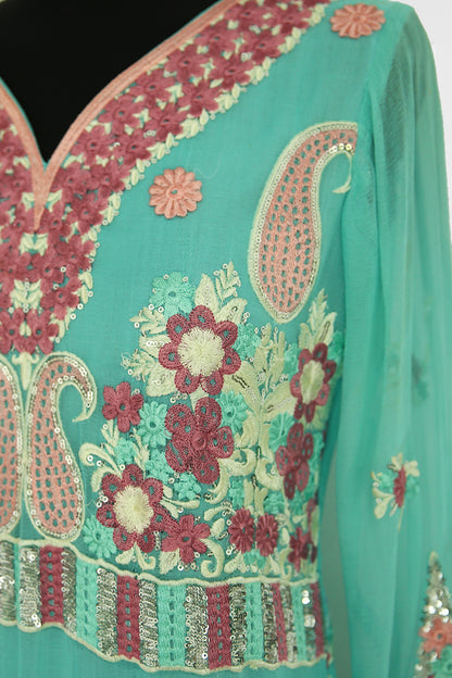 Blue with Pink Floral Embroidery Kurta Set