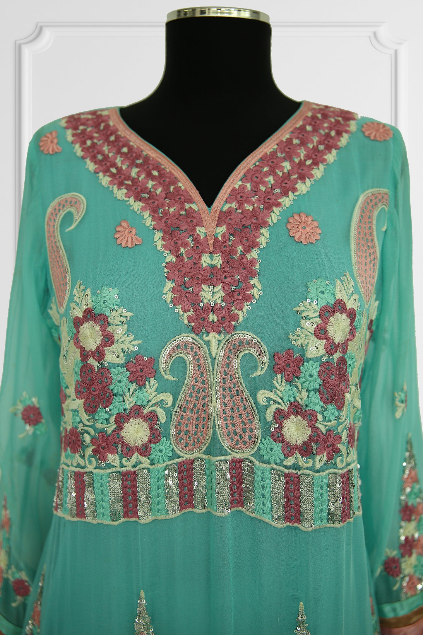 Blue with Pink Floral Embroidery Kurta Set