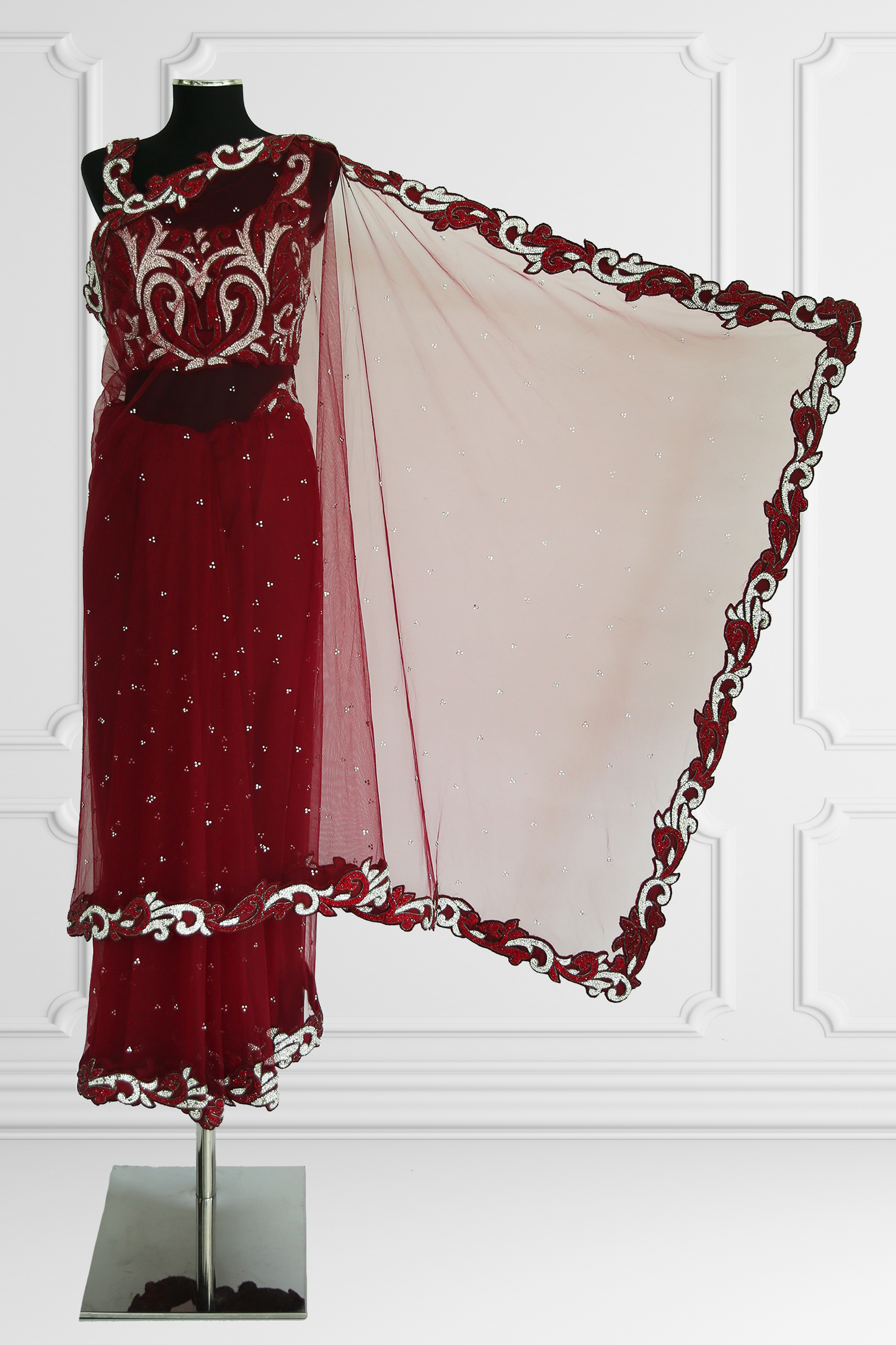 Burgundy Tule Saree Set