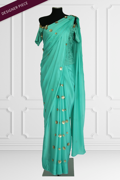 Jo Rivaaz By Puja Bugga Turquoise Ready Made Saree Set