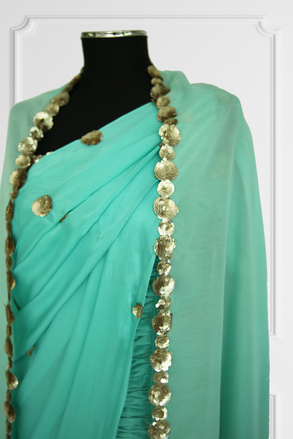 Jo Rivaaz By Puja Bugga Turquoise Ready Made Saree Set