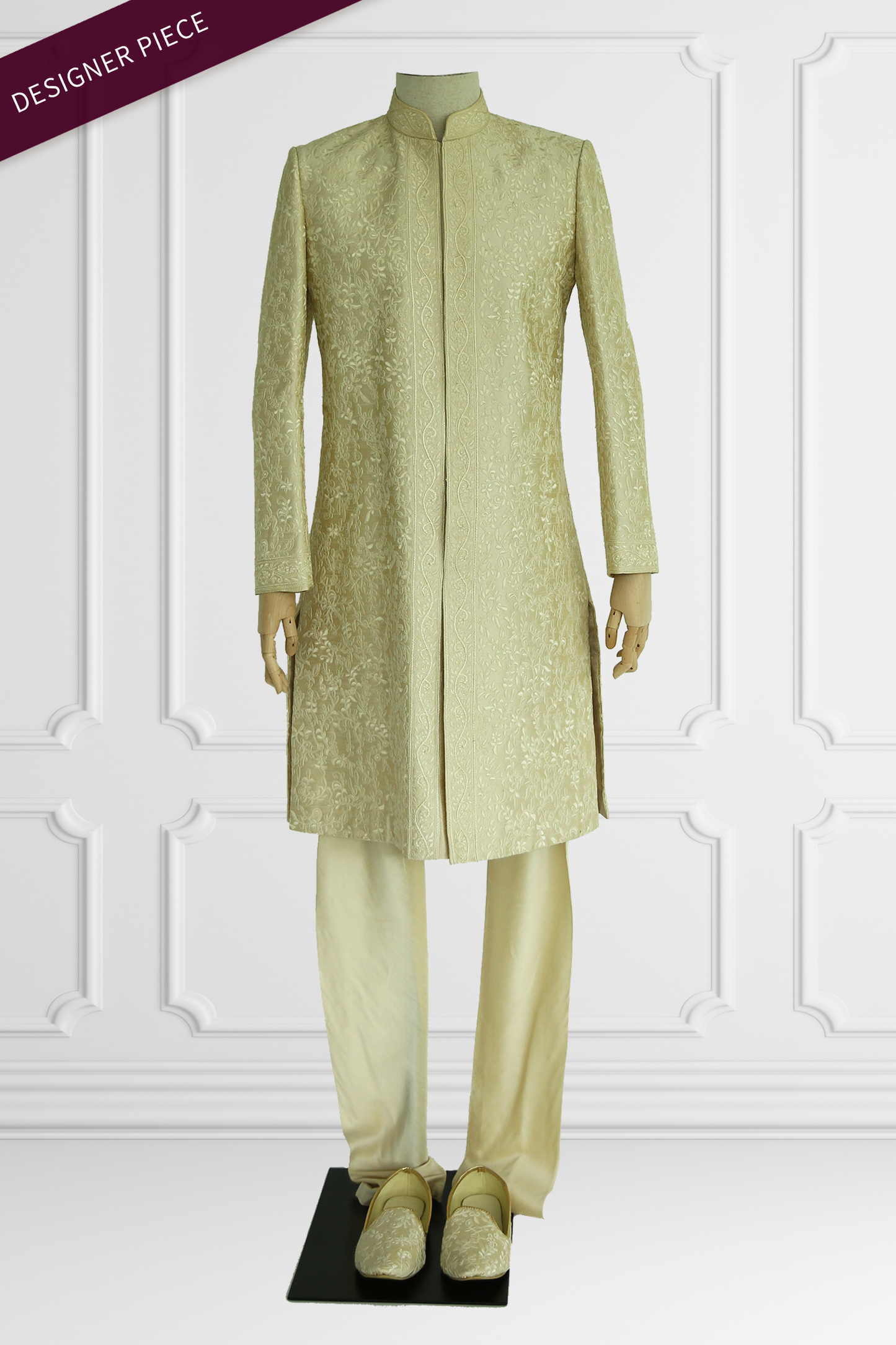 Beige Embroidered Sherwani with Churidar