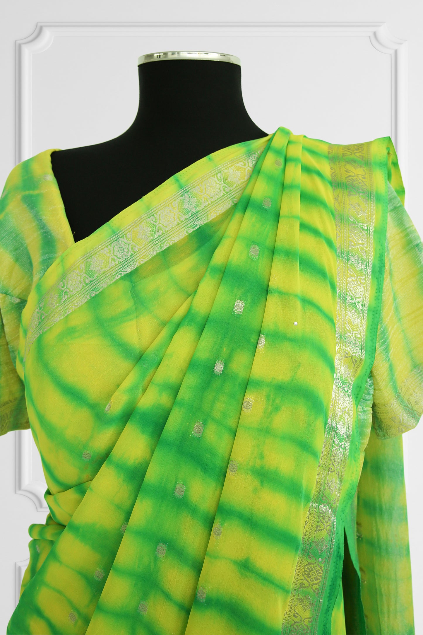 Two Blouse Vibrant Green and Yellow Tie-Dye Silk Saree