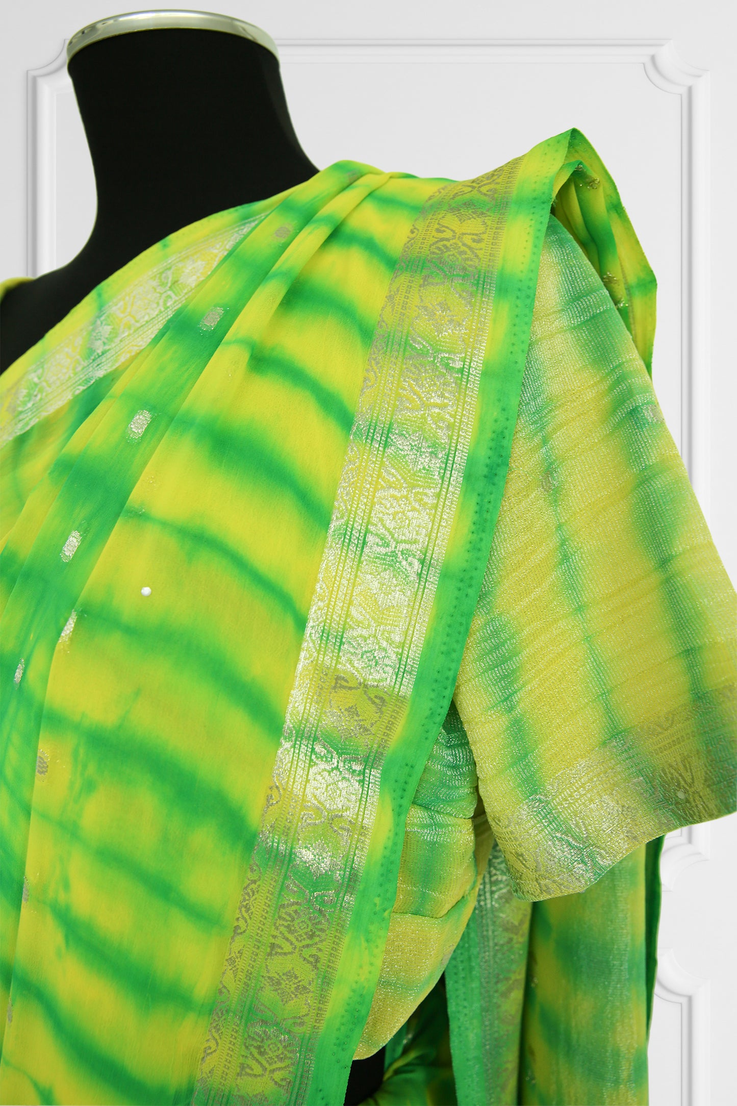 Two Blouse Vibrant Green and Yellow Tie-Dye Silk Saree