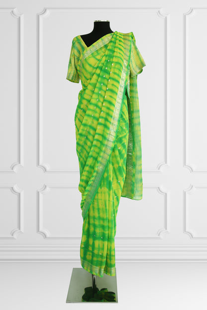 Two Blouse Vibrant Green and Yellow Tie-Dye Silk Saree