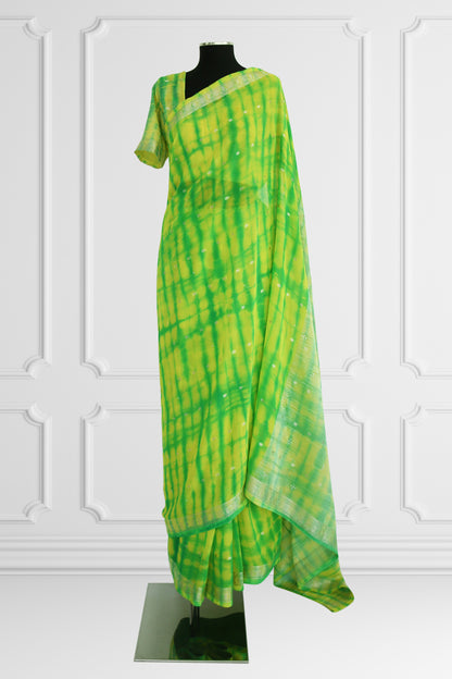 Two Blouse Vibrant Green and Yellow Tie-Dye Silk Saree