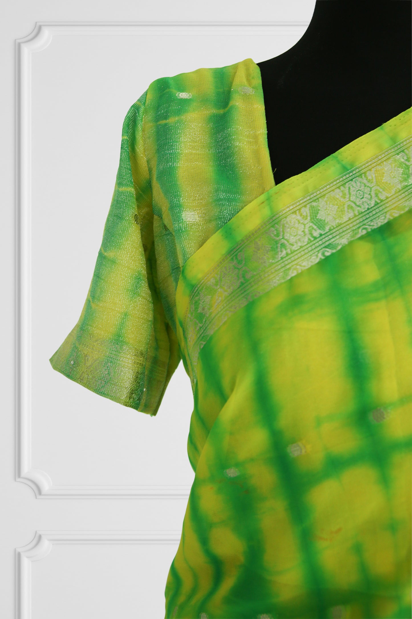 Two Blouse Vibrant Green and Yellow Tie-Dye Silk Saree