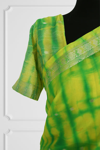 Two Blouse Vibrant Green and Yellow Tie-Dye Silk Saree