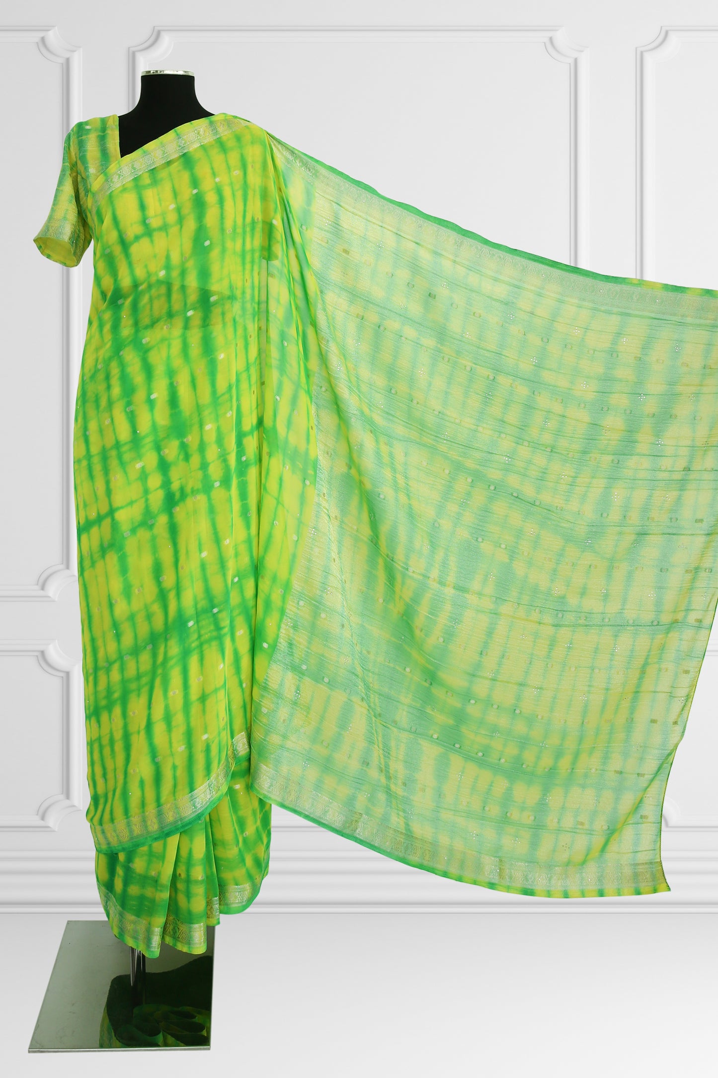 Two Blouse Vibrant Green and Yellow Tie-Dye Silk Saree