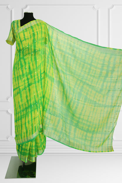 Two Blouse Vibrant Green and Yellow Tie-Dye Silk Saree